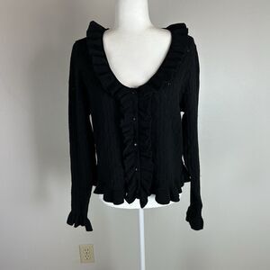 womens knit cardigan size XL black ruffle-neck Sweater Pointelle Goth Whimsy